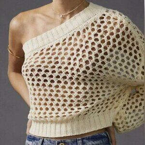 MAEVE Anthropologie Cream Crochet One Shoulder Sweater Top Open Knit Boho Chic